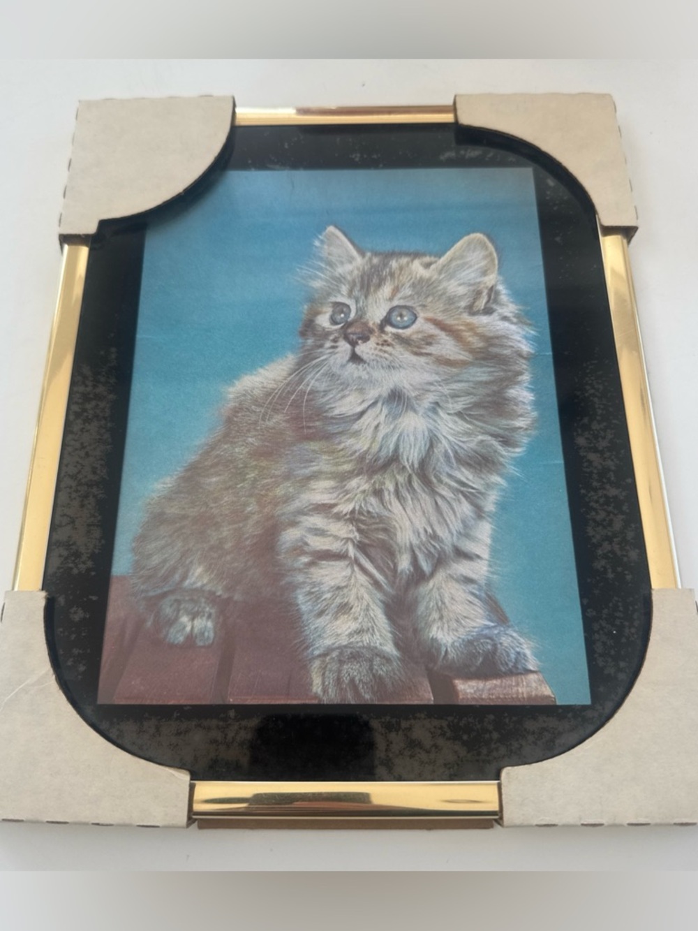 Vintage 1960s Cat Picuture 8.5” x 6.5” FJW “FOIL ART” PICTURE-ENGLAND